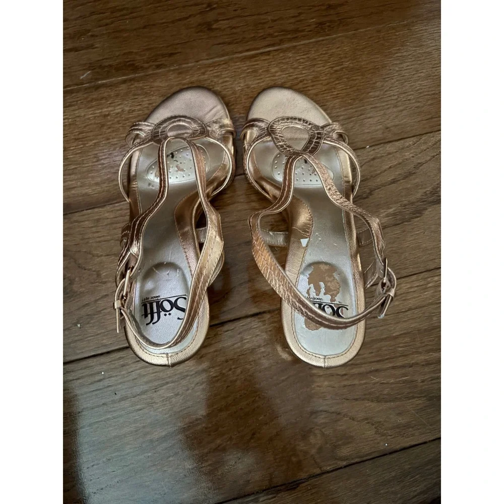 Sofft Rose Gold Metallic Leather Strappy Cork‎ Wedge Sandals Womens 9M